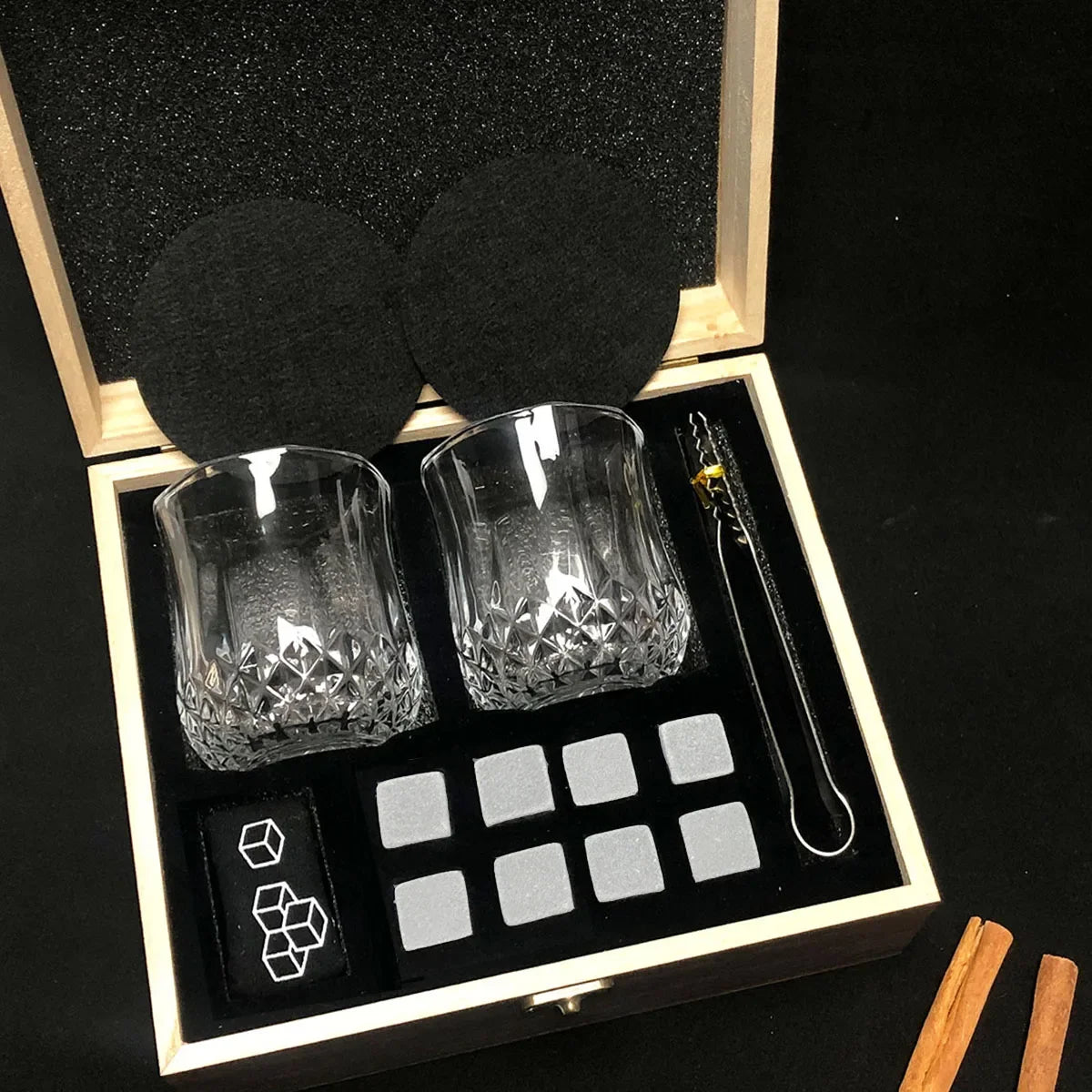 Whisky Stone Gift Set — 8 Stones, Two Crystal Glasses, Tongs & Coasters — Granite Reserve