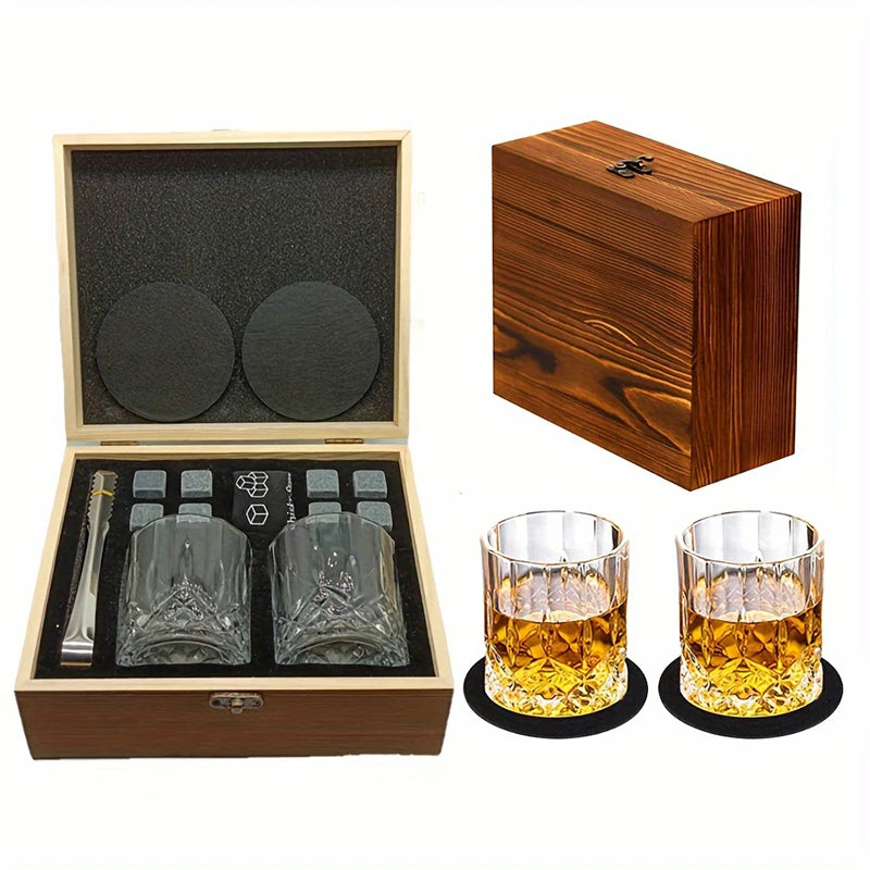 Whisky Stone Gift Set — 8 Stones, Two Crystal Glasses, Tongs & Coasters — Granite Reserve