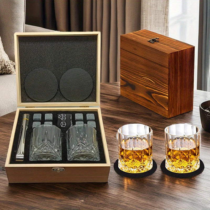 Whisky Stone Gift Set — 8 Stones, Two Crystal Glasses, Tongs & Coasters — Granite Reserve