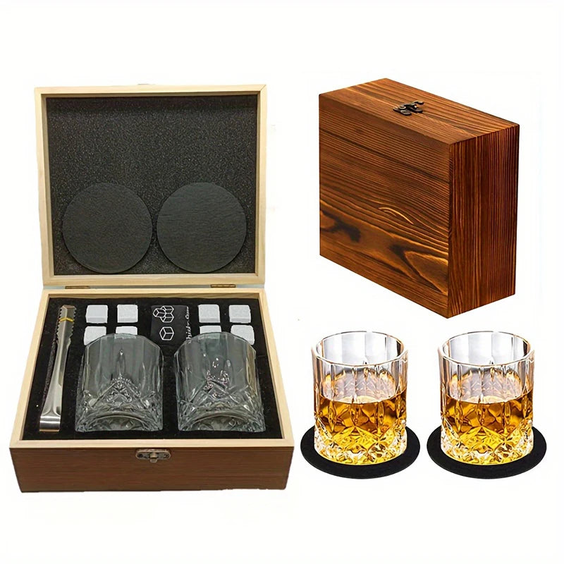 Whisky Stone Gift Set — 8 Stones, Two Crystal Glasses, Tongs & Coasters — Granite Reserve
