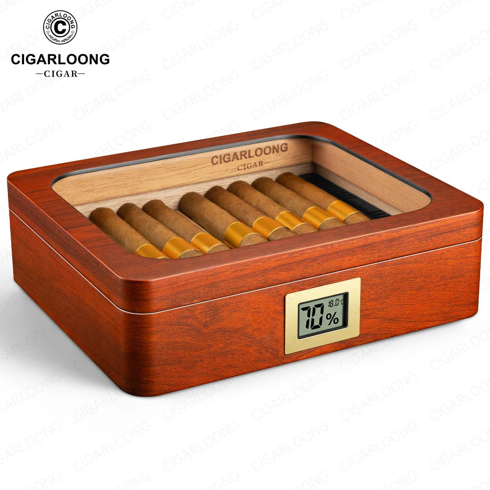 Glass-Top Piano-Finish Cedar Humidor with Hygrometer — Maestro Reserve