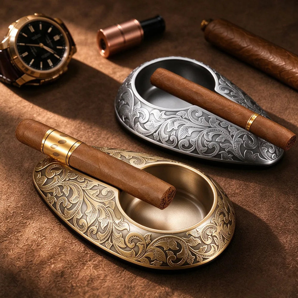 Carved Metal Single-Slot Cigar Ashtray — Sentinel Reserve