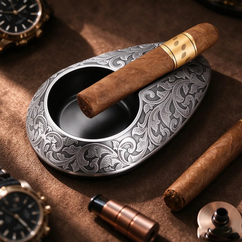 Carved Metal Single-Slot Cigar Ashtray — Sentinel Reserve