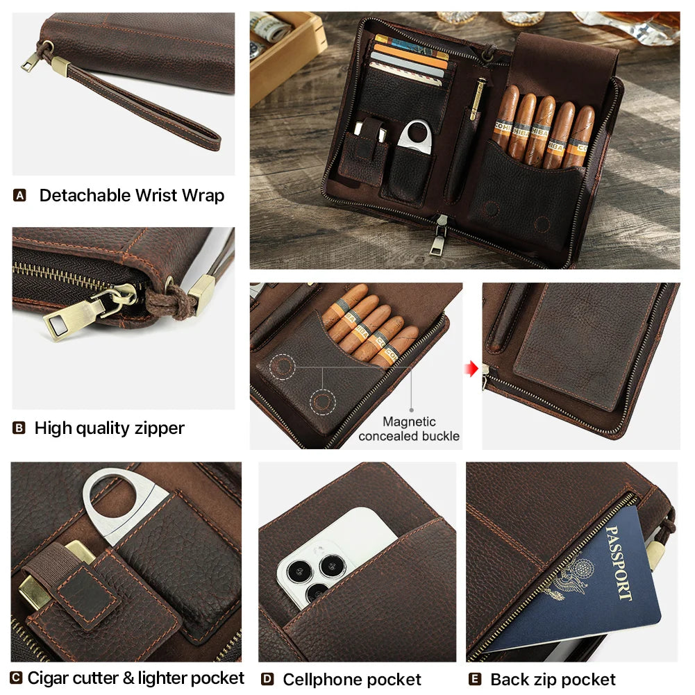 Leather Cigar & Travel Organiser with 5-Cigar Pocket — Emissary Reserve