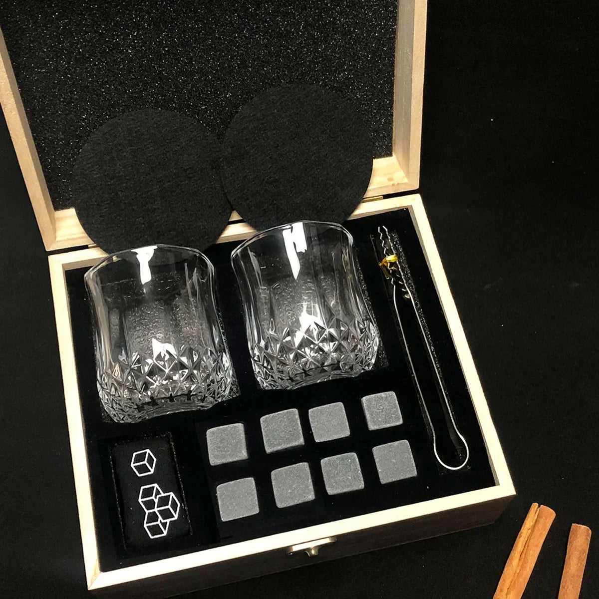 Whisky Stone Gift Set — 8 Stones, Two Crystal Glasses, Tongs & Coasters — Granite Reserve