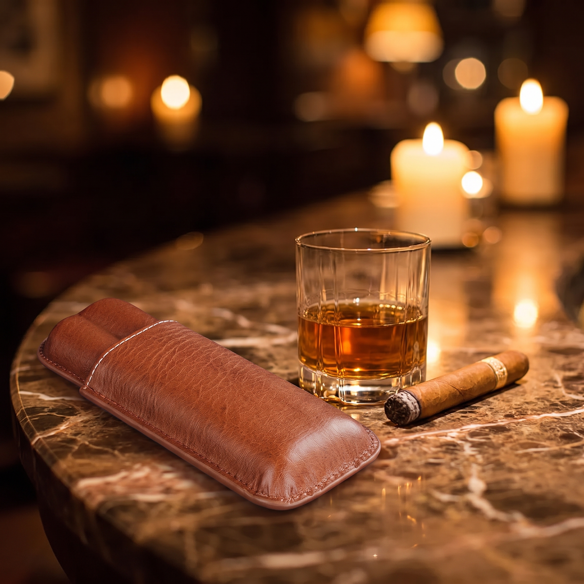 Two-Cigar Leather Travel Case — home bar lifestyle