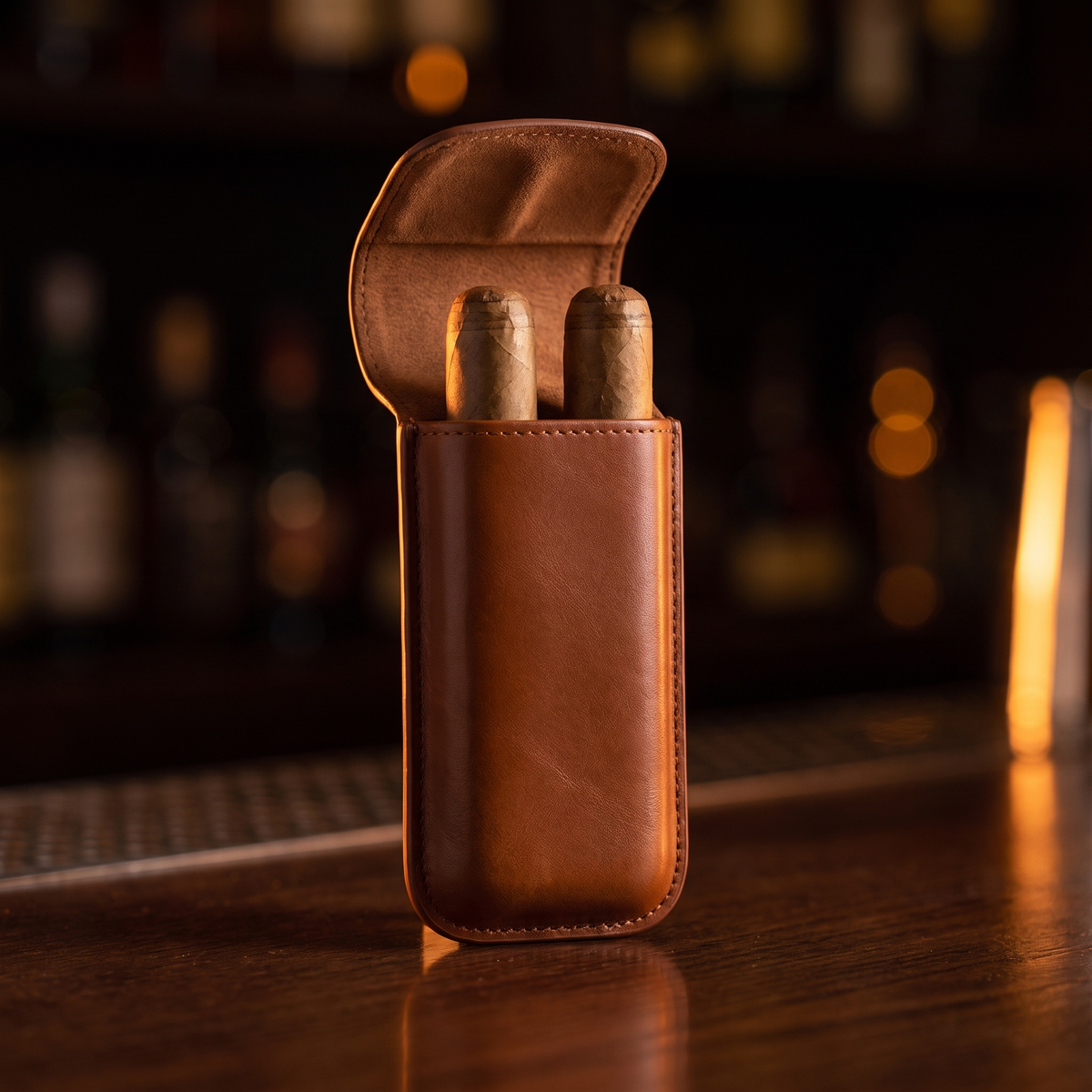 Two-Cigar Leather Travel Case — Cognac