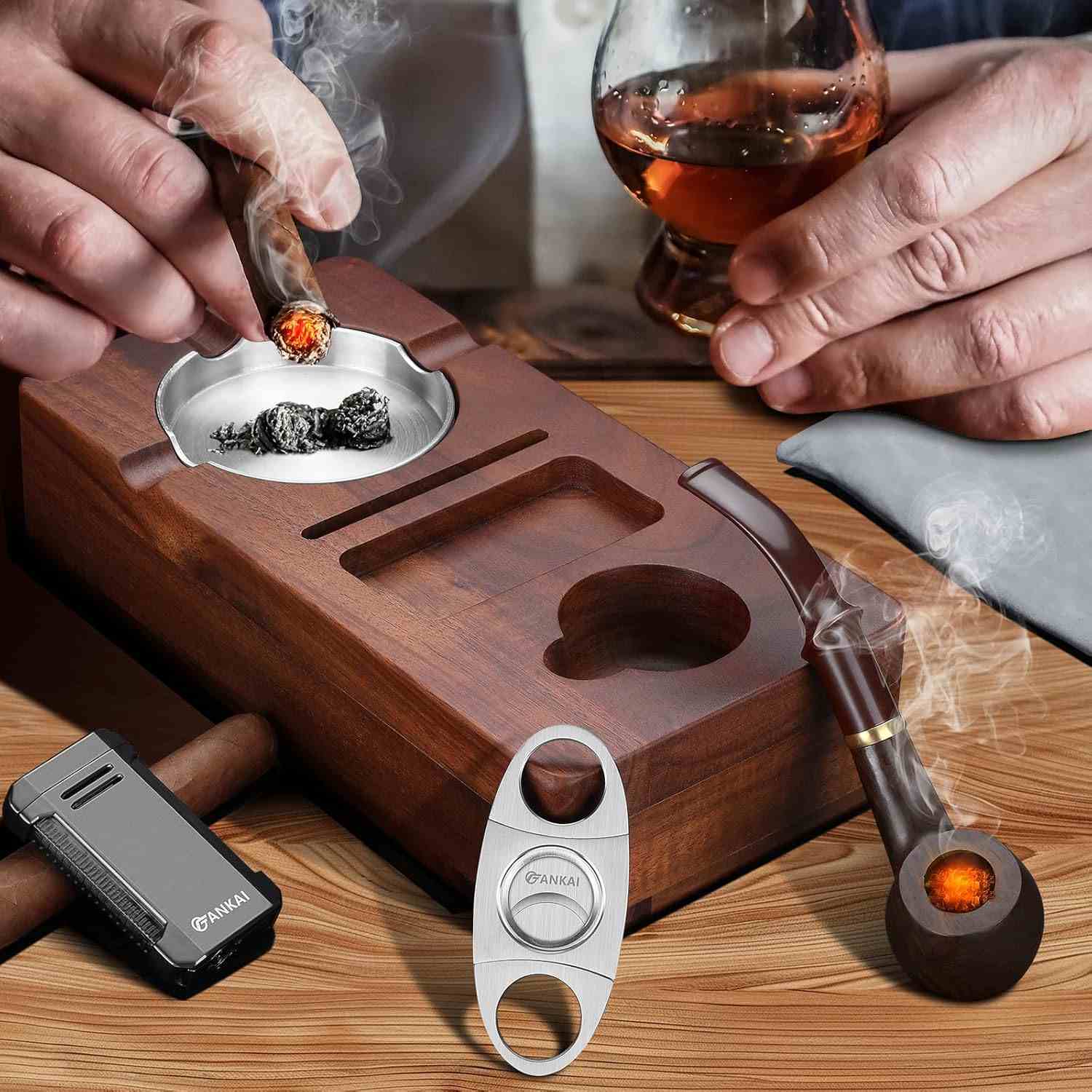 FANKAI Cigar Ashtray Set, Wooden Ash Tray with Accessories Drawer, Refillable Cigar Lighter with Punch, Stainless Steel Guillotine Cutter, Smoking Pipe, 3 Cigar Stands