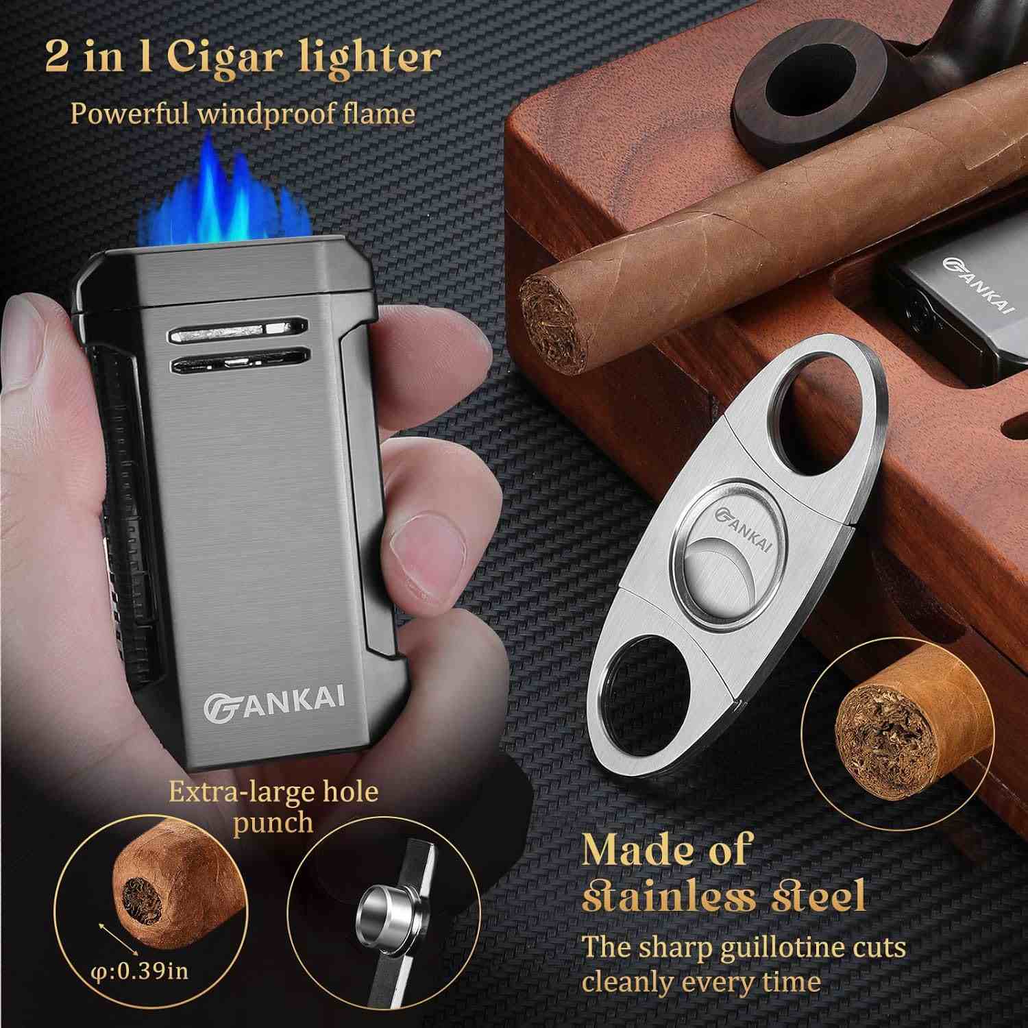 FANKAI Cigar Ashtray Set, Wooden Ash Tray with Accessories Drawer, Refillable Cigar Lighter with Punch, Stainless Steel Guillotine Cutter, Smoking Pipe, 3 Cigar Stands