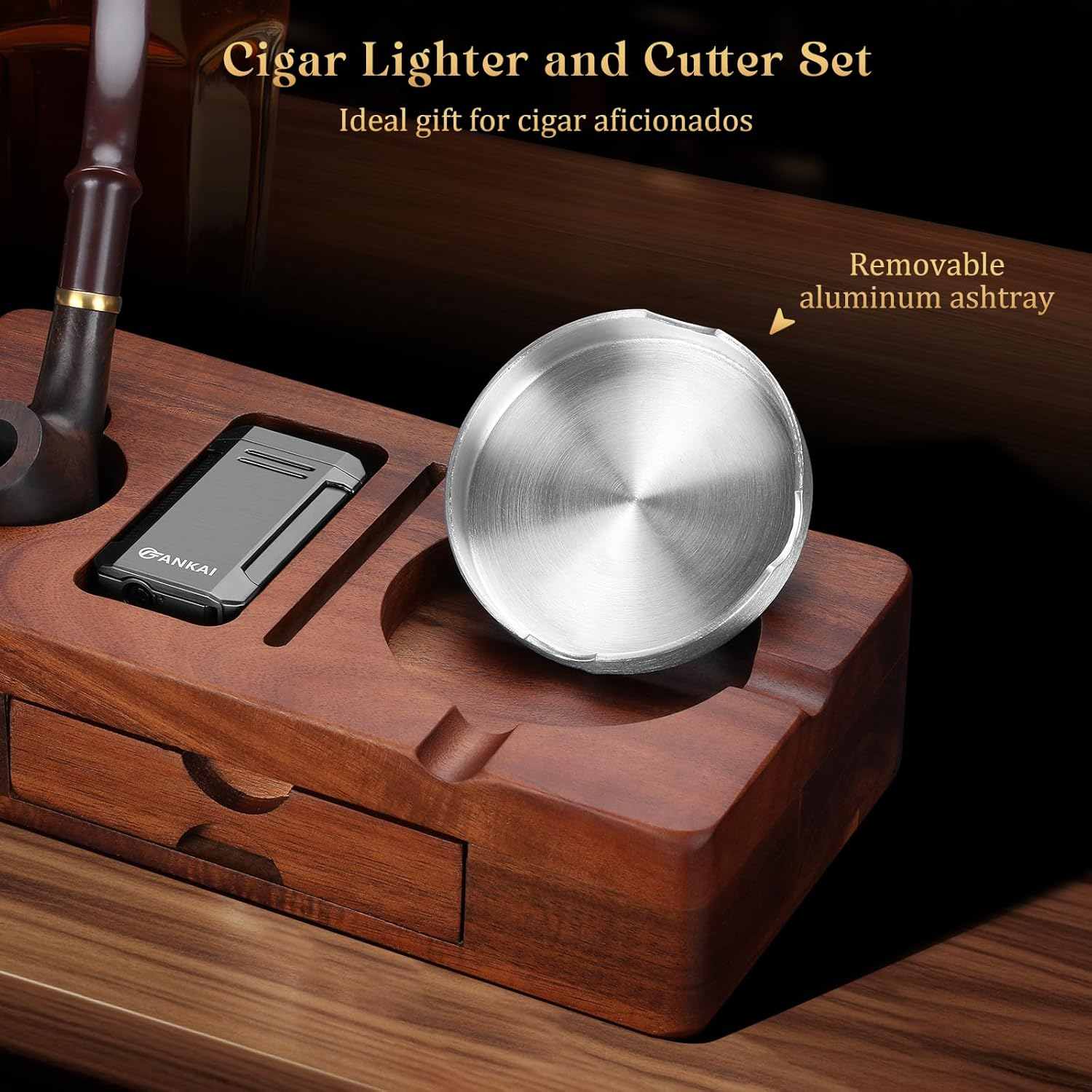 FANKAI Cigar Ashtray Set, Wooden Ash Tray with Accessories Drawer, Refillable Cigar Lighter with Punch, Stainless Steel Guillotine Cutter, Smoking Pipe, 3 Cigar Stands