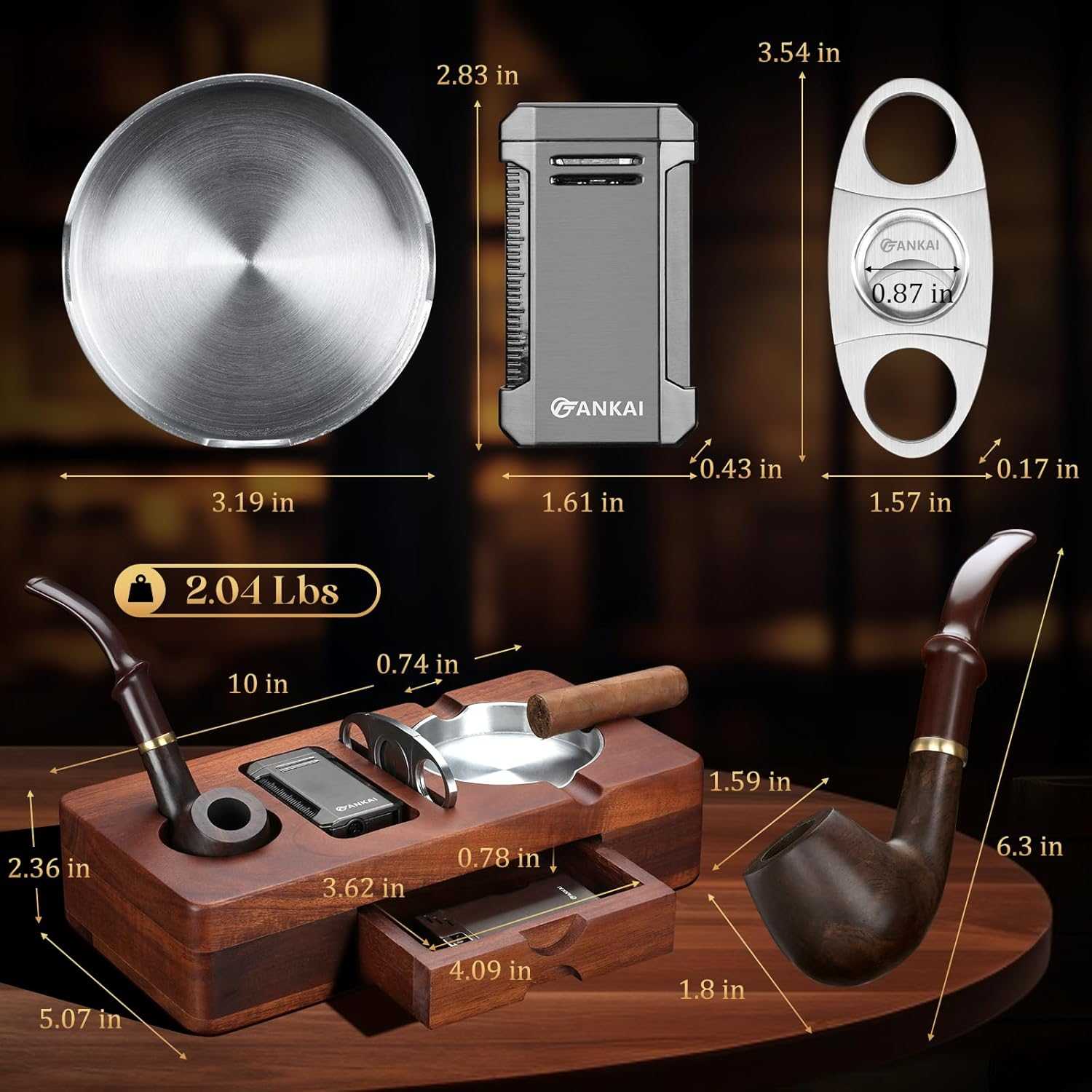 FANKAI Cigar Ashtray Set, Wooden Ash Tray with Accessories Drawer, Refillable Cigar Lighter with Punch, Stainless Steel Guillotine Cutter, Smoking Pipe, 3 Cigar Stands