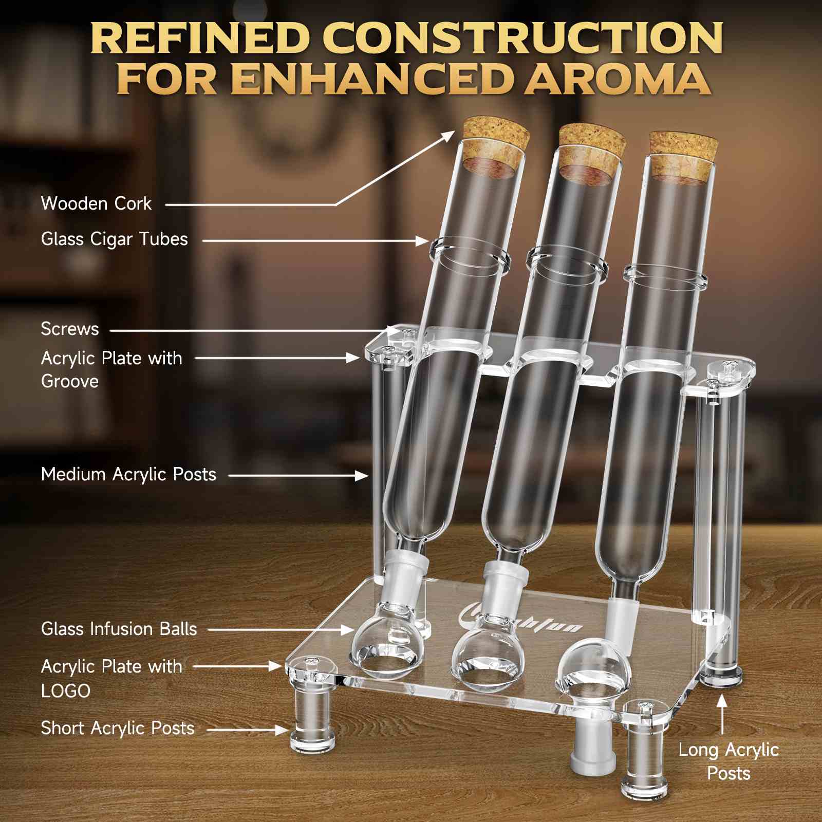 LIHTUN Cigar Flavoring Tube Set, Borosilicate Glass Tubes, Balls and Acrylic Stand, Portable Cigar Humidor Gift Set for Flavor Mellowing, Storage and Display