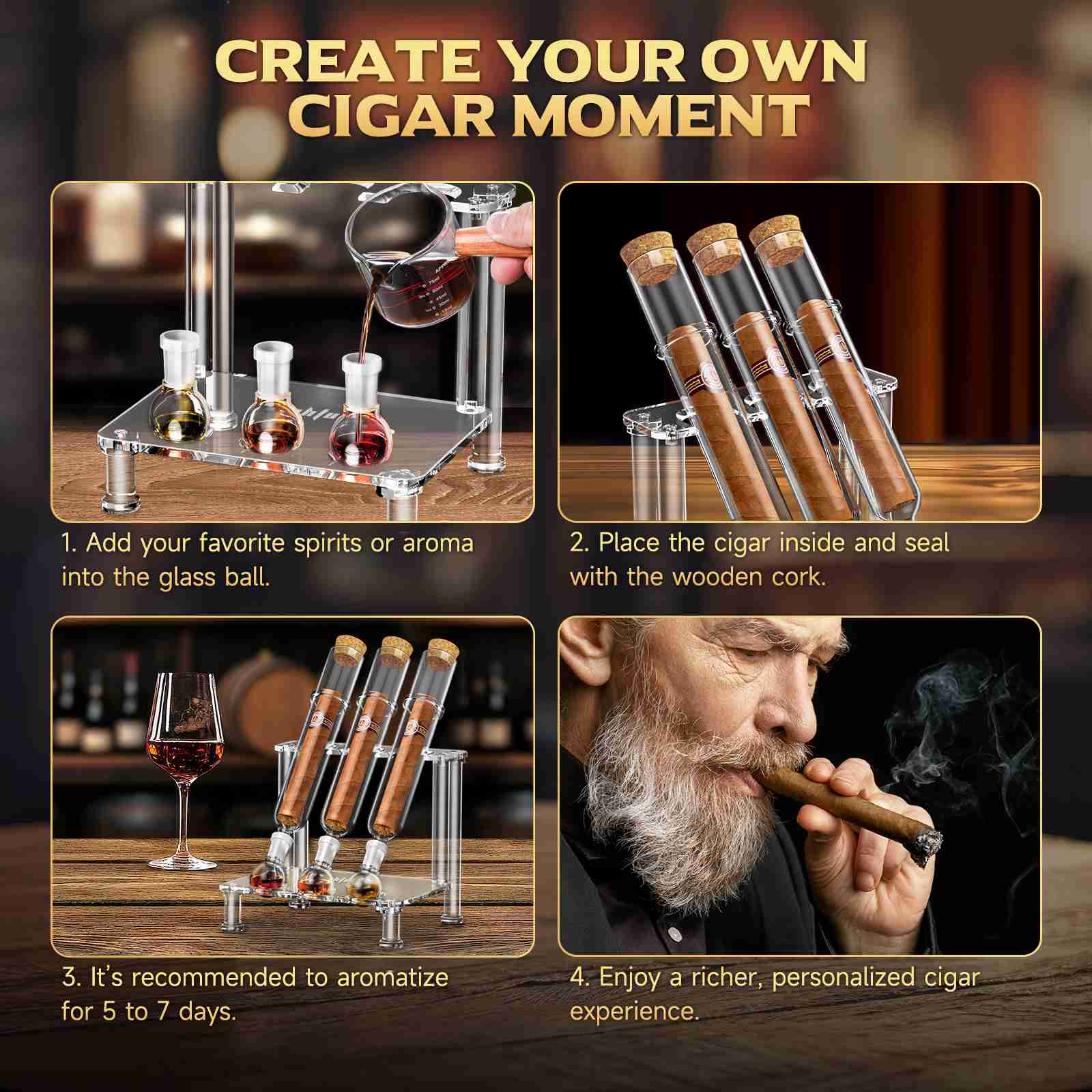 LIHTUN Cigar Flavoring Tube Set, Borosilicate Glass Tubes, Balls and Acrylic Stand, Portable Cigar Humidor Gift Set for Flavor Mellowing, Storage and Display