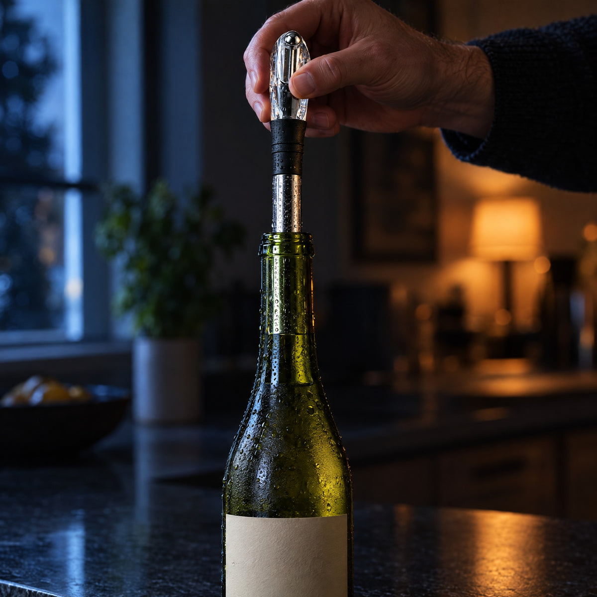 Inserting the chiller rod into the bottle