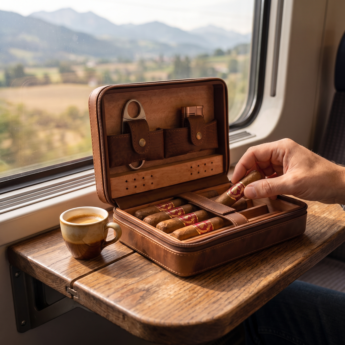 Cedar-Lined Travel Cigar Humidor — in use while traveling