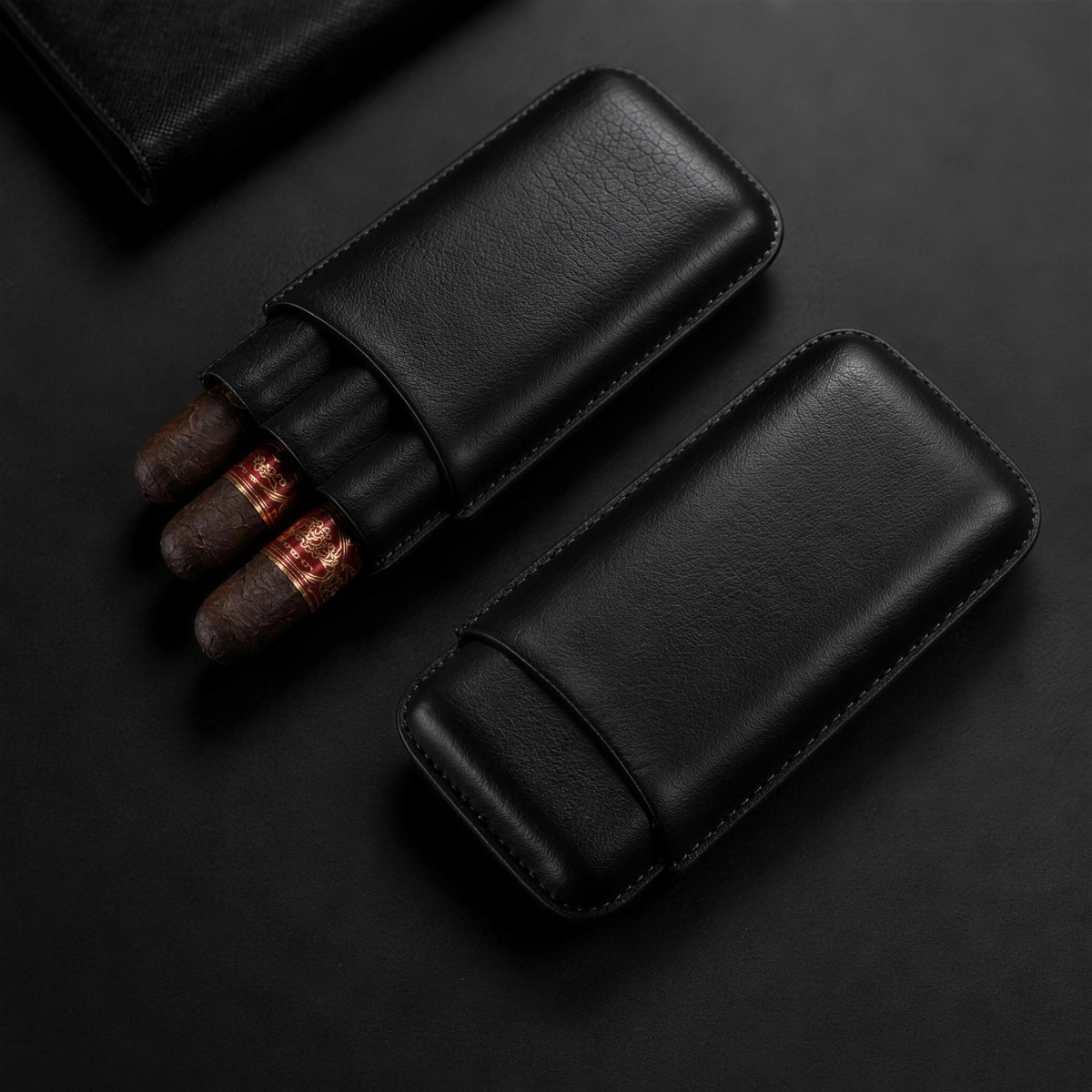 Black case open and closed side by side