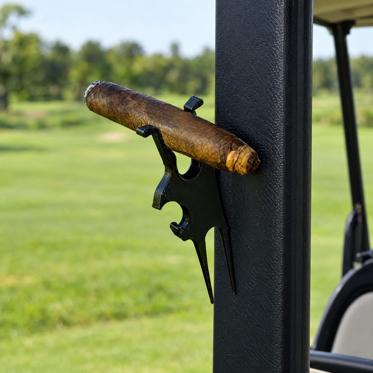 Holder magnet-mounted on a golf cart post with a cigar