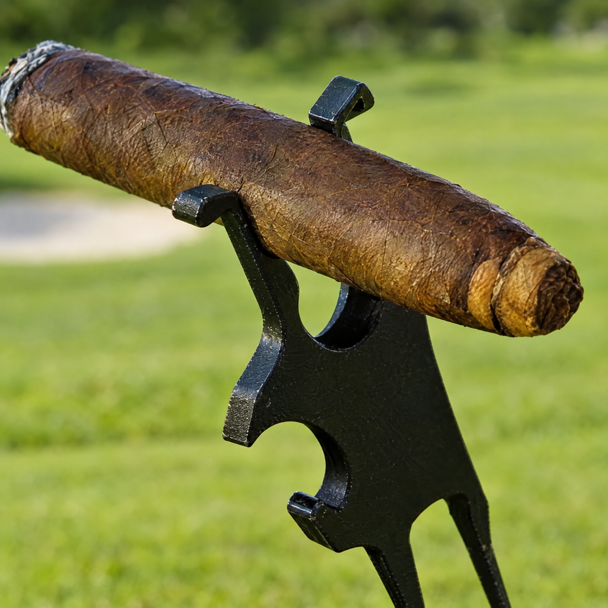 Close view of the cigar seated in the holder's slot