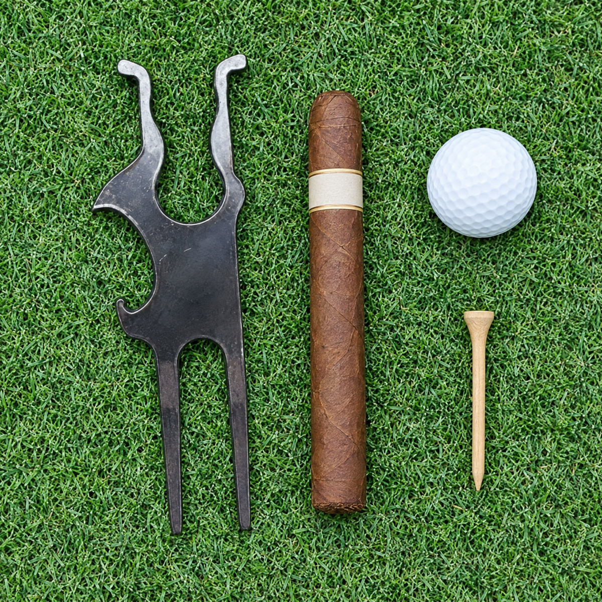 Flat lay with cigar, golf ball and tee on the green