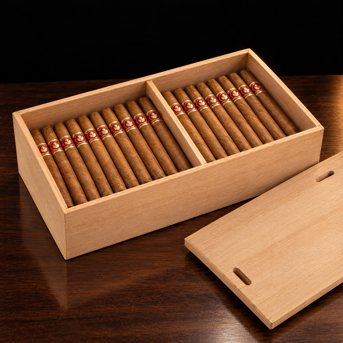 Atelier Reserve natural cedar cigar humidor open and filled, lift-off lid beside it