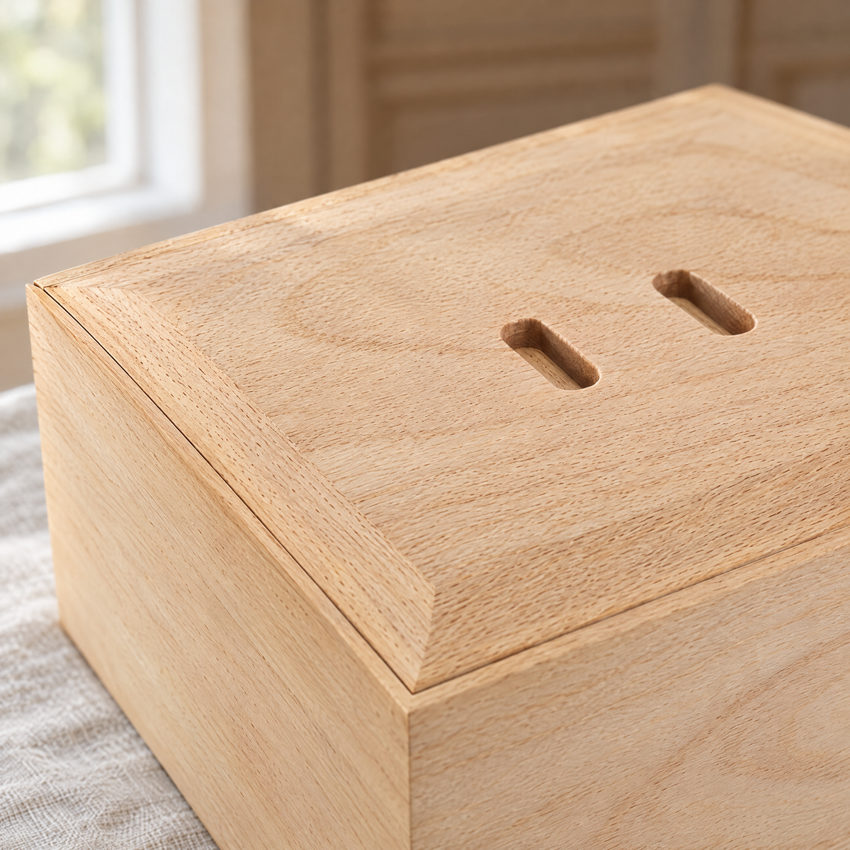 Close detail of the lift-off lid and its two finger slots in unfinished natural wood