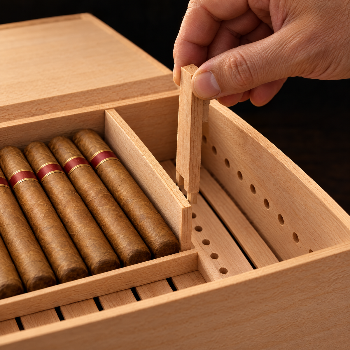Adjustable divider being repositioned into the peg holes of the Atelier Reserve humidor