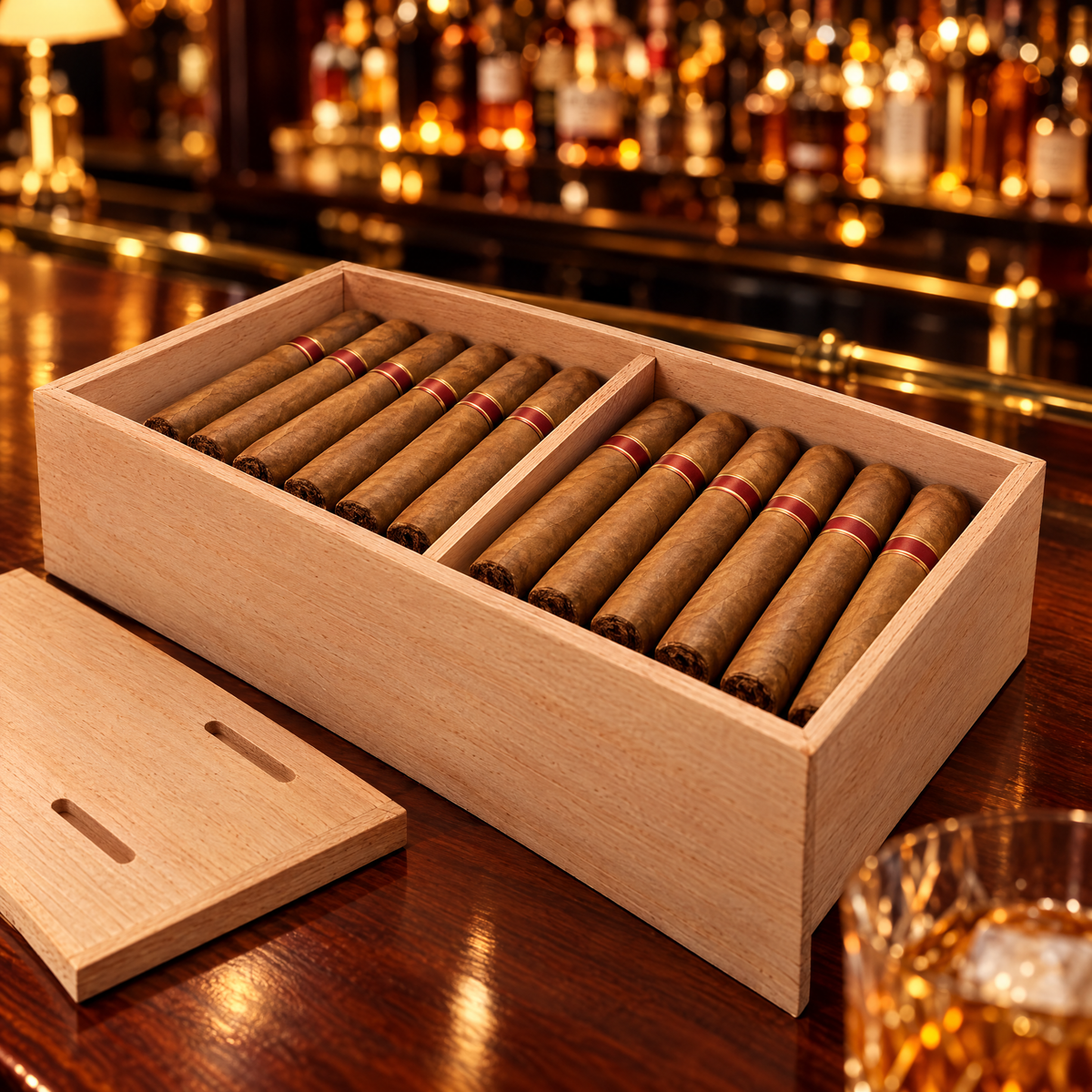 Atelier Reserve humidor open on a bar counter with whisky