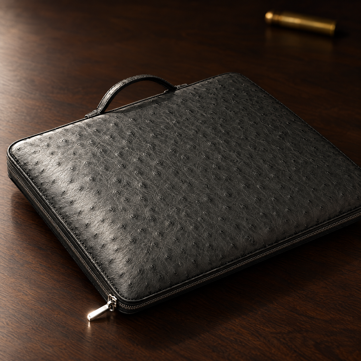 Closed Consul Reserve case seen from a low angle showing its slim profile and handle