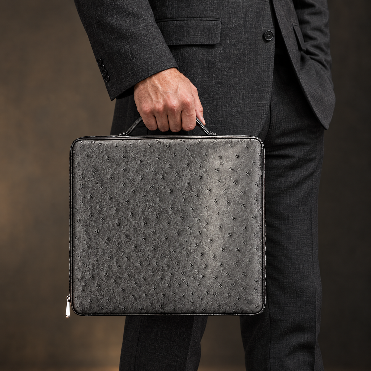 Man carrying the closed Consul Reserve case by its leather handle, showing its size