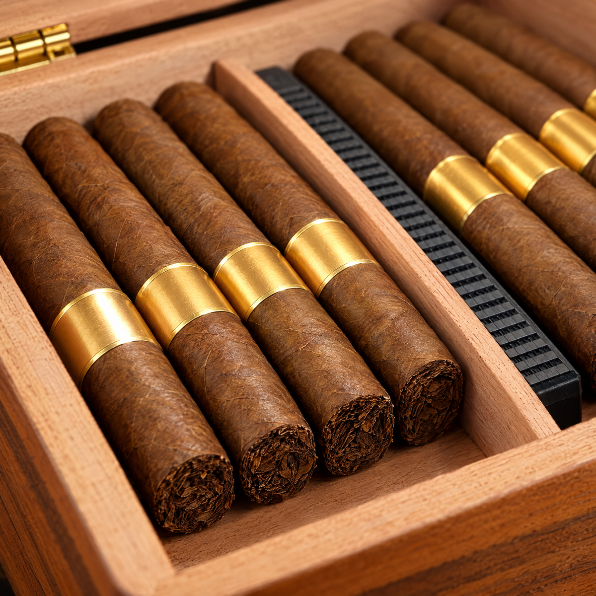 Close detail of cigars and humidifier strip inside the Maestro Reserve humidor