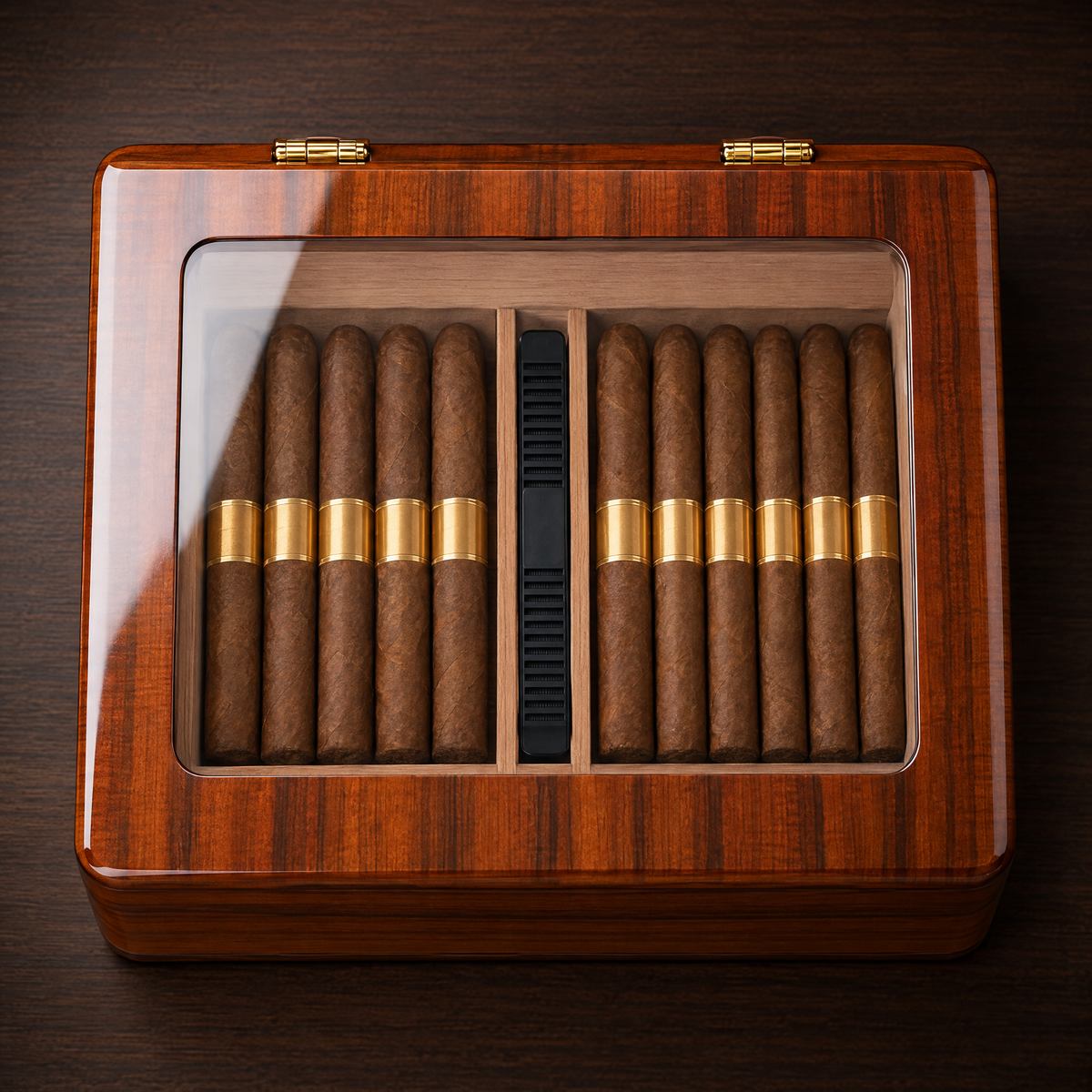 Overhead view of the closed Maestro Reserve humidor through its glass lid