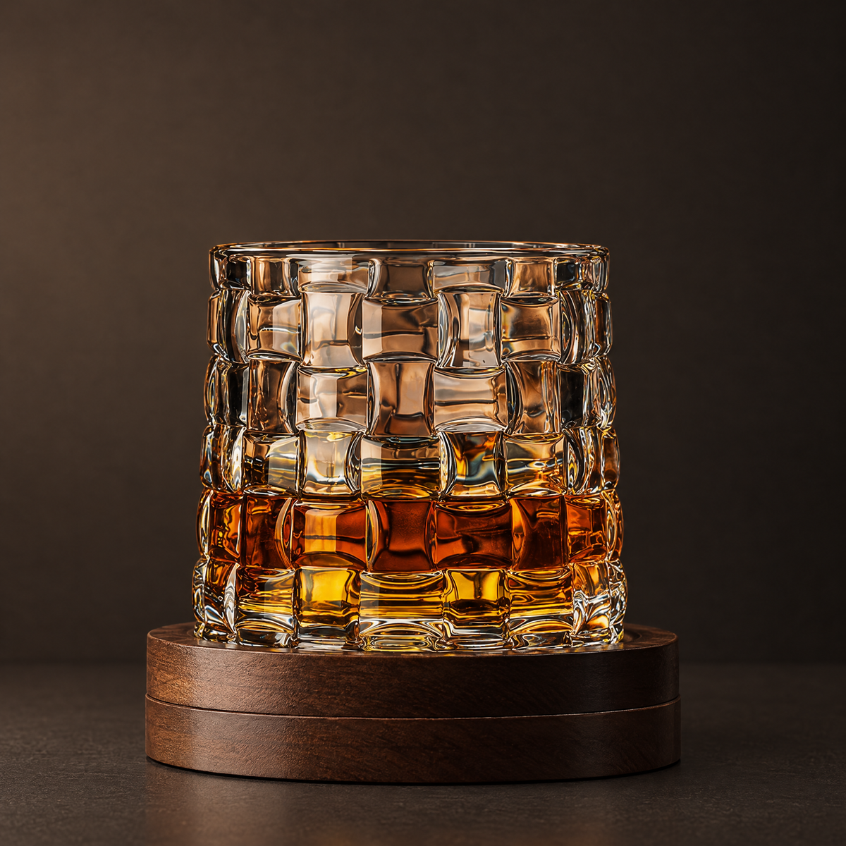 Meridian Reserve spinning crystal whisky glass on its round walnut base