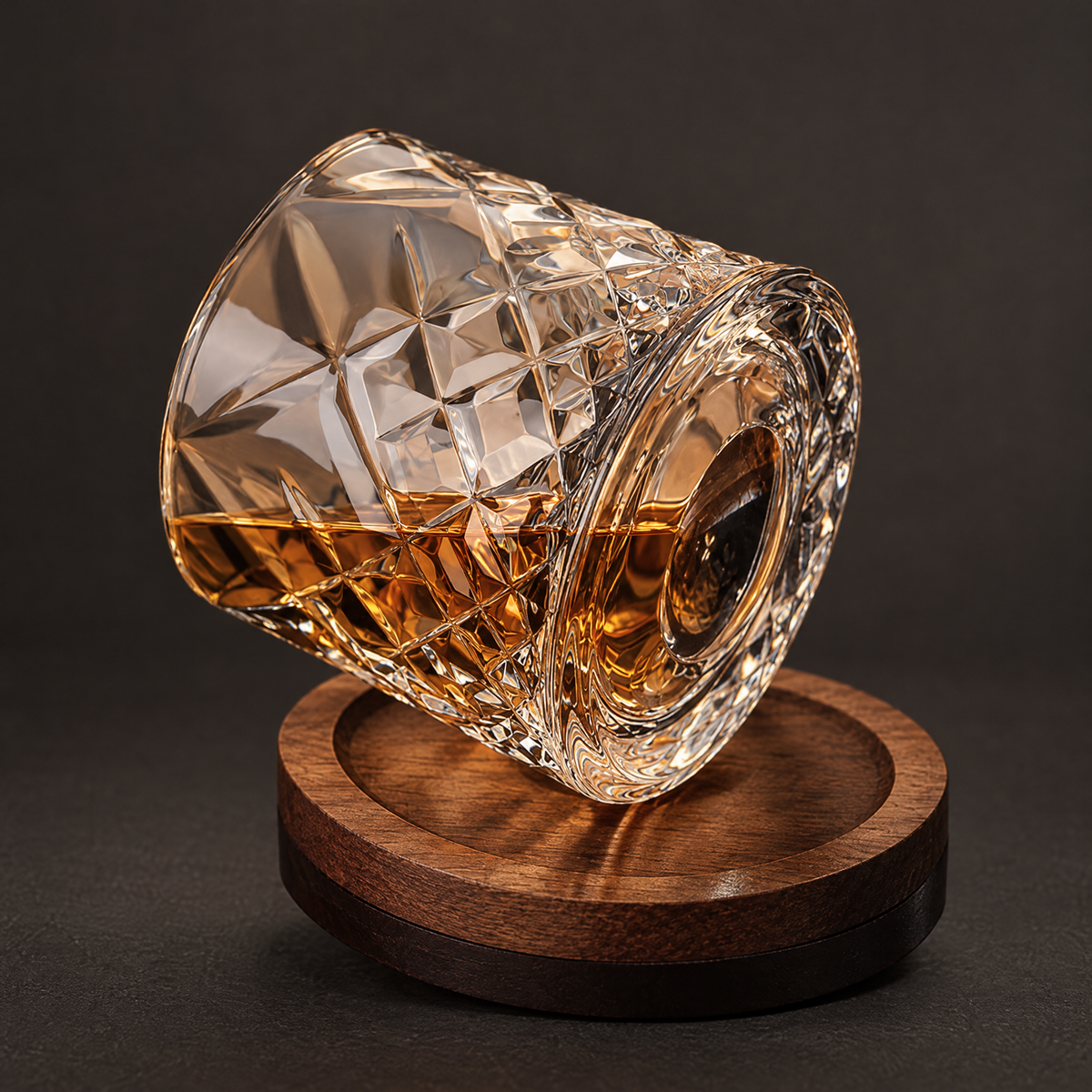 Meridian Reserve glass tilted on its rounded base with the whisky staying level
