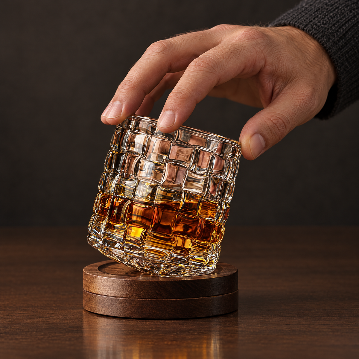 Hand setting the Meridian Reserve whisky glass spinning on its base