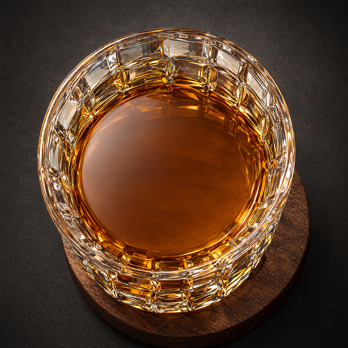 Overhead view into the Meridian Reserve glass showing the whisky and cut pattern