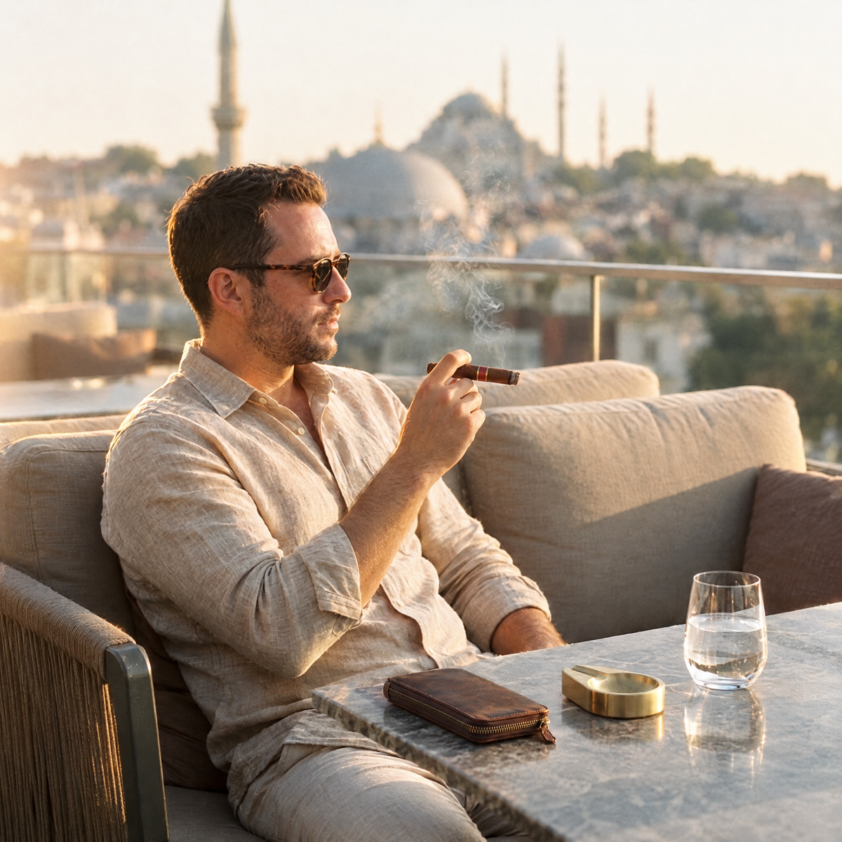 Man on a rooftop terrace at golden hour with the leather organiser on the table beside him