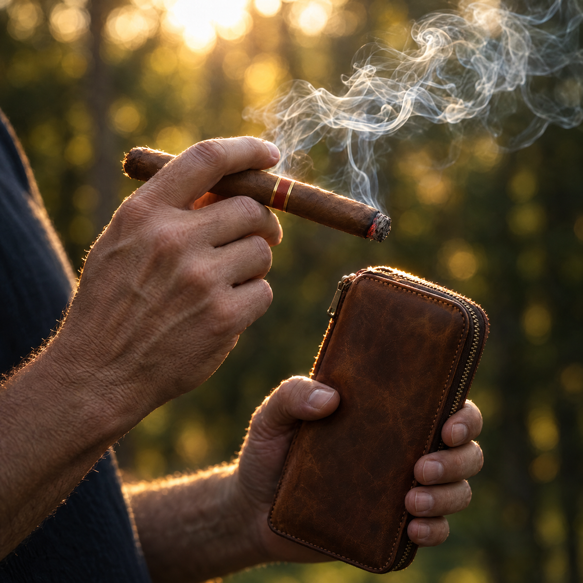 Hands holding a lit cigar and the leather organiser outdoors against a low sun