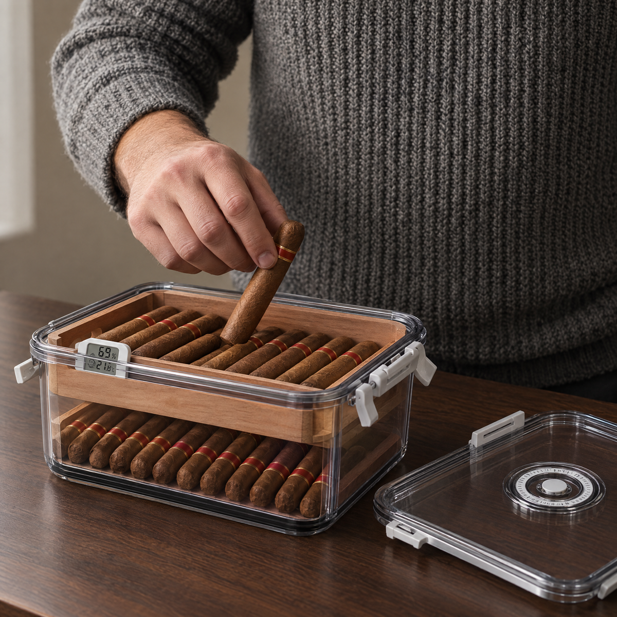 Man lifting a cigar from the open humidor box on a walnut table in daylight