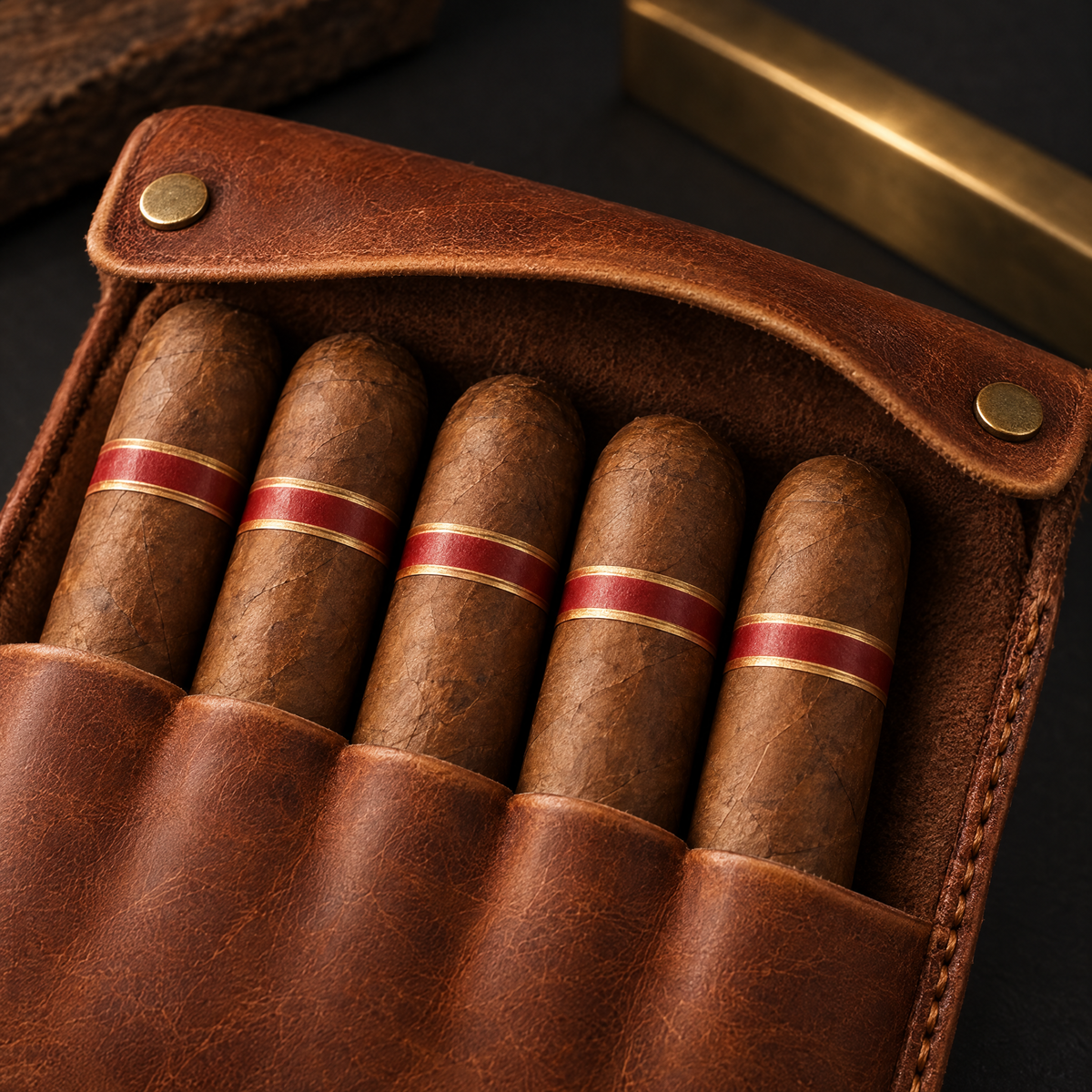 Close-up of the five-cigar pocket with fold-over leather flap and two antique brass magnetic studs