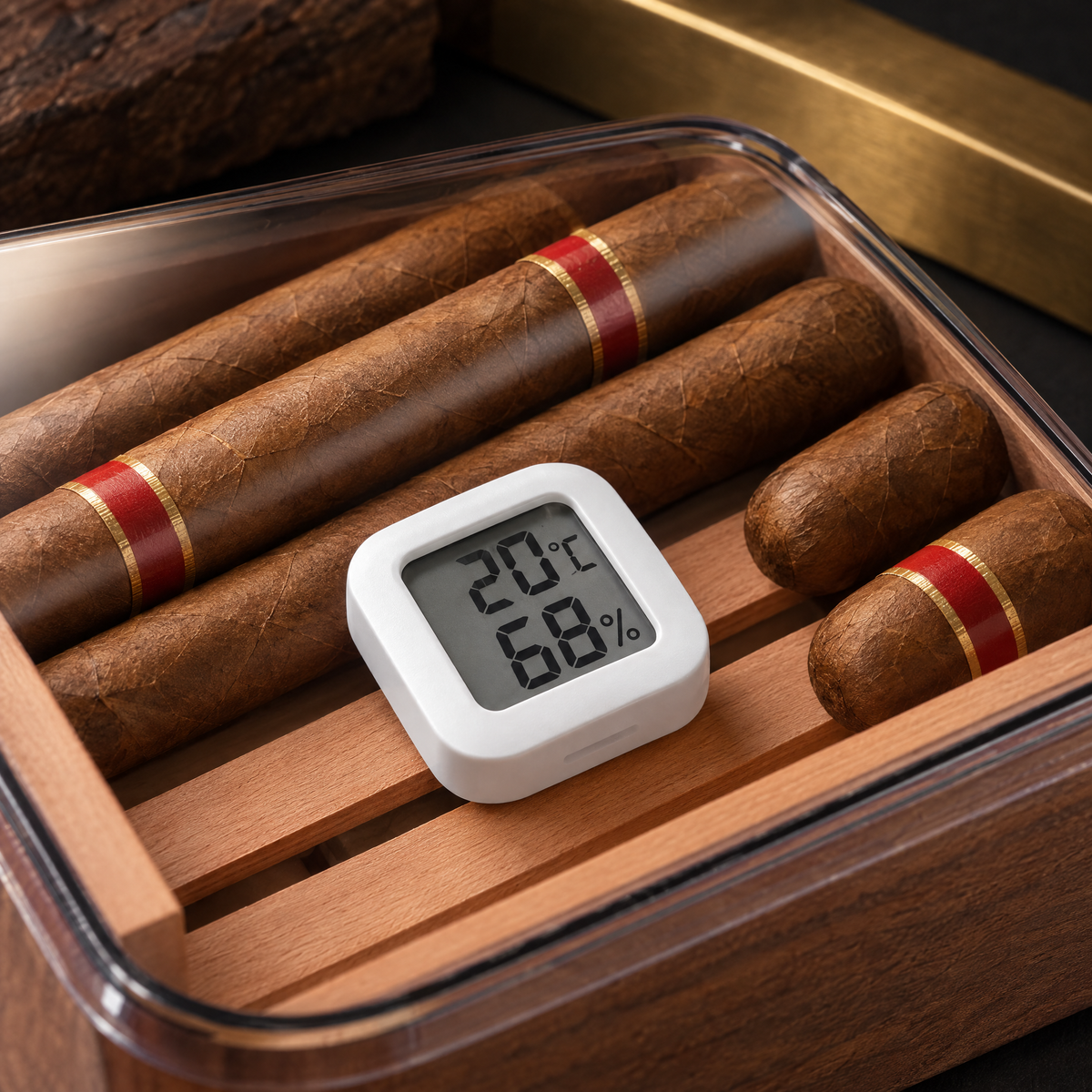Digital hygrometer reading temperature and humidity on the cedar tray, seen through the clear lid