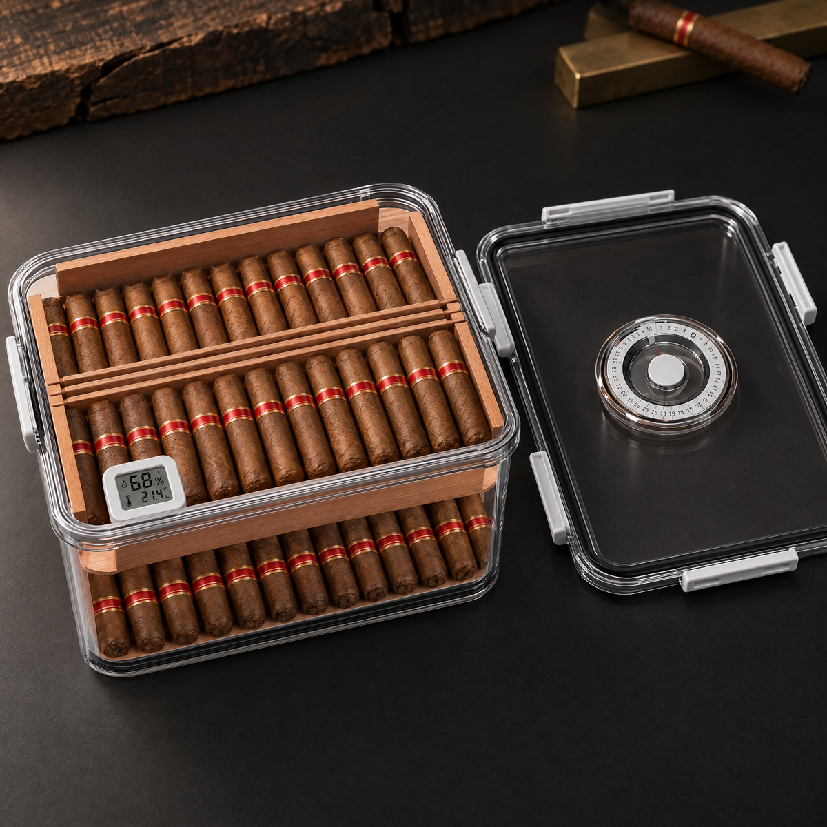 Cigar humidor box open with the cedar tray in place and the gasketed clear lid beside it