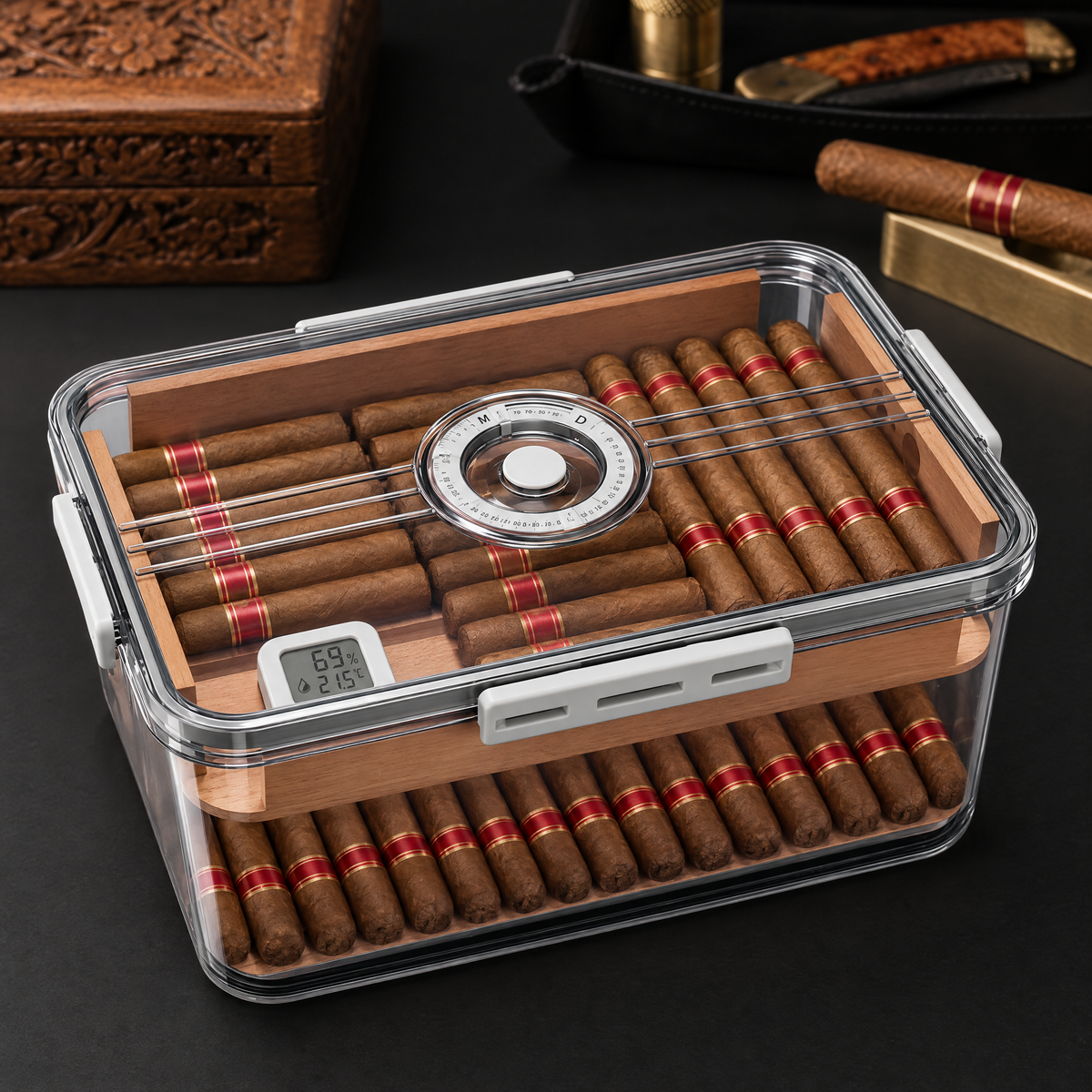 Airtight clear cigar humidor box with cedar tray, date dial and digital hygrometer, closed and full