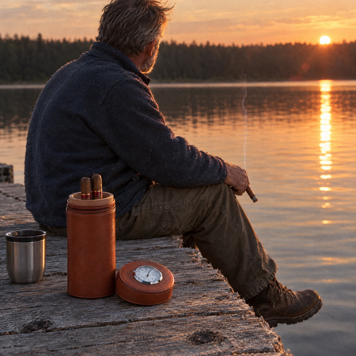 Man on a lake dock at sunset with the open travel case and its lid on the planks beside him