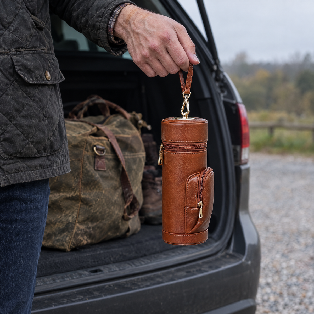 Lifting the case by its strap out of a canvas holdall in the boot of a car on an overcast morning