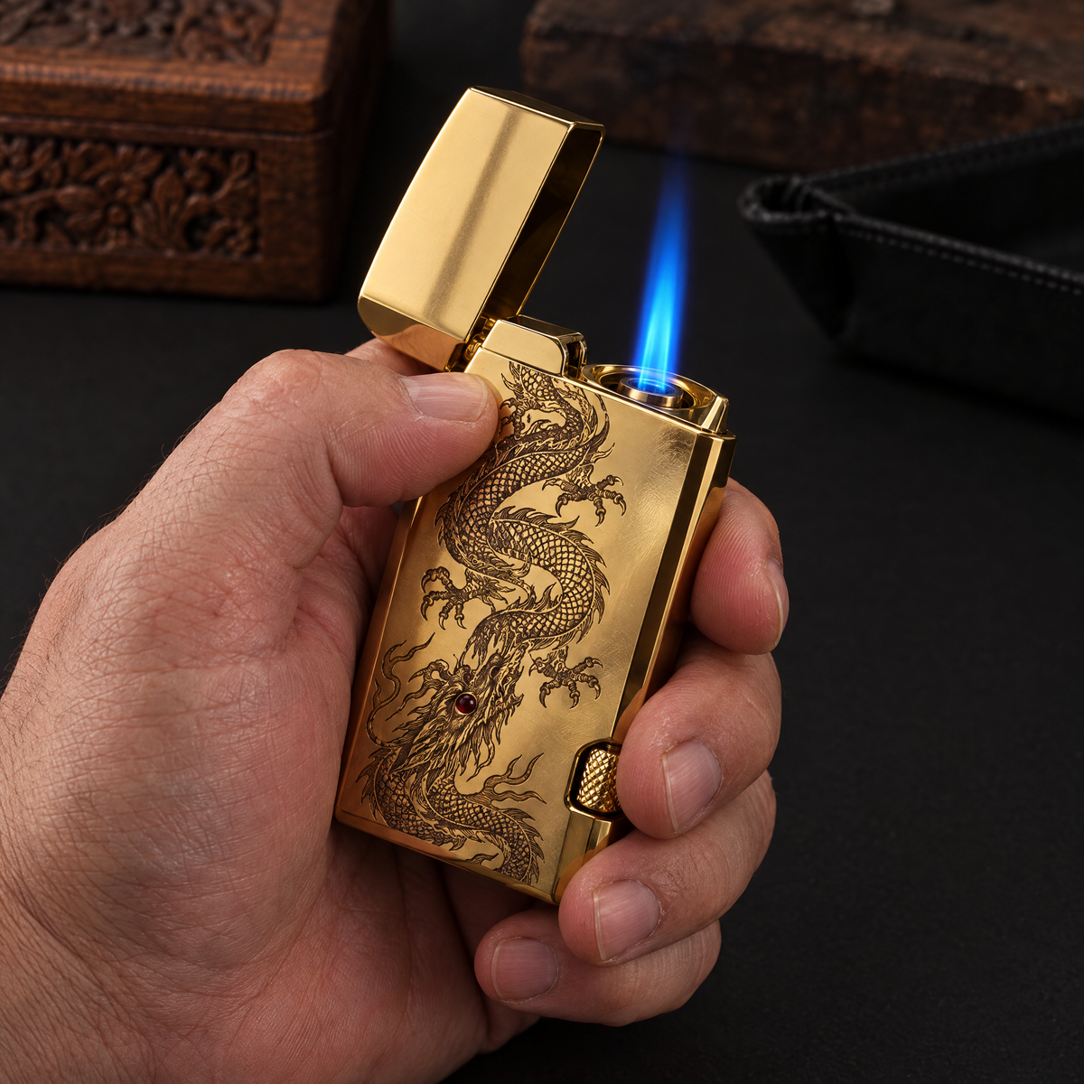Imperial Reserve — held in the hand, lid open with the blue jet flame lit