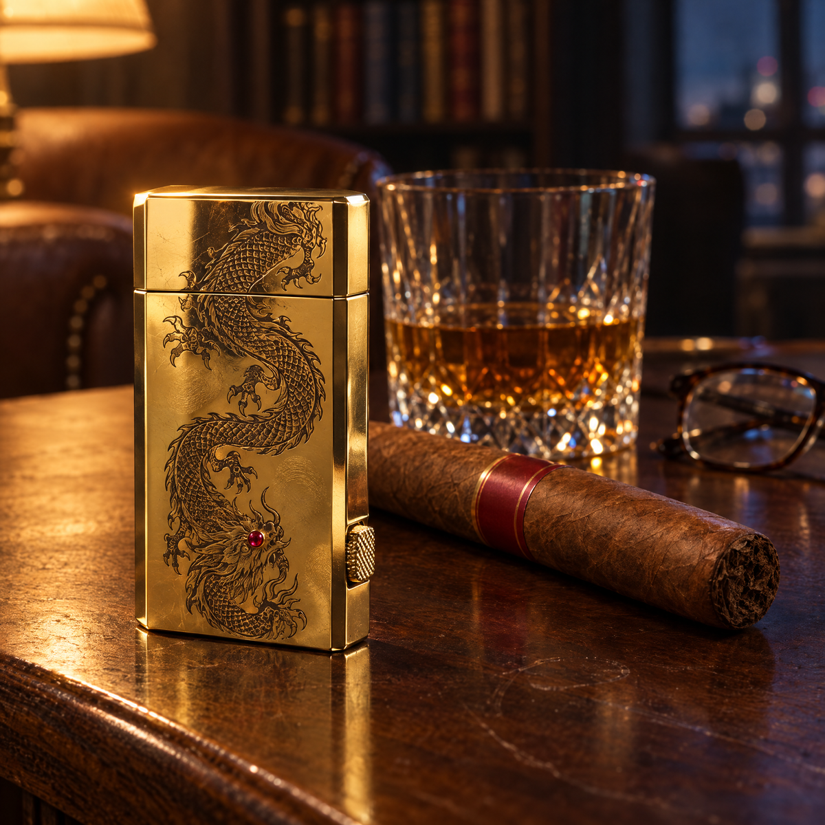Imperial Reserve — on a side table with a cigar and whisky at night