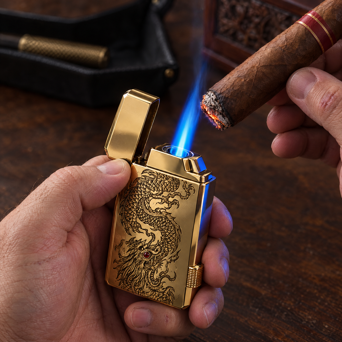 Imperial Reserve — toasting the foot of a cigar with the blue torch flame