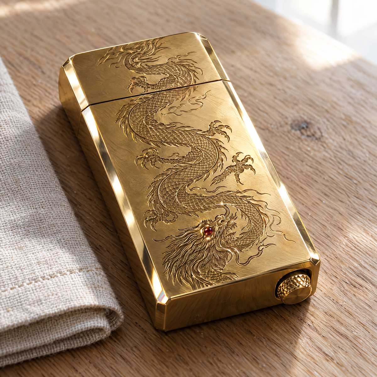 Imperial Reserve — engraved dragon and red stone eye in raking daylight