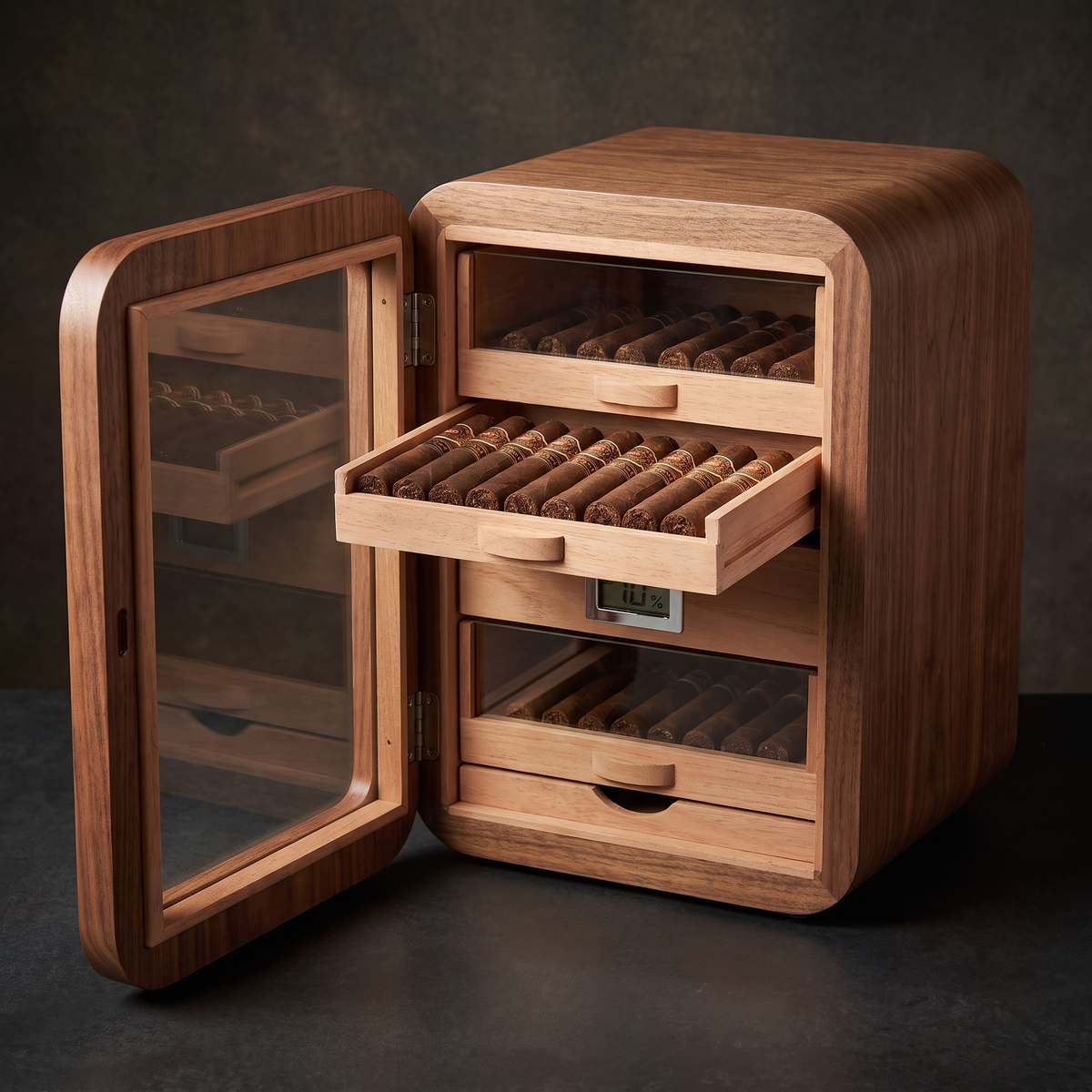 Vitrine Reserve — Brown, drawer open with cigars