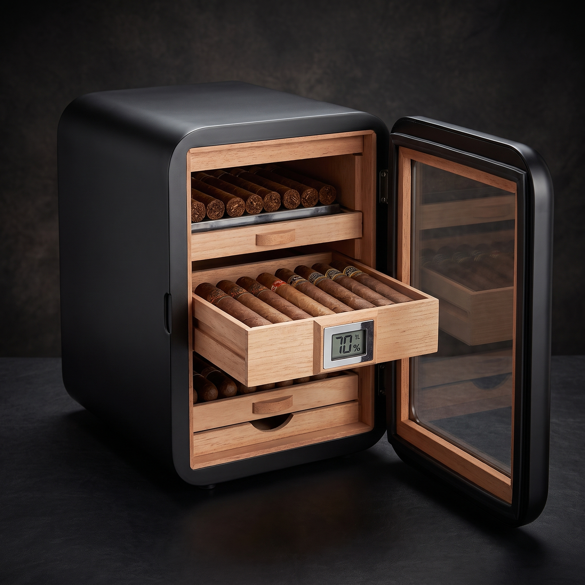 Vitrine Reserve — Black, drawer open with cigars